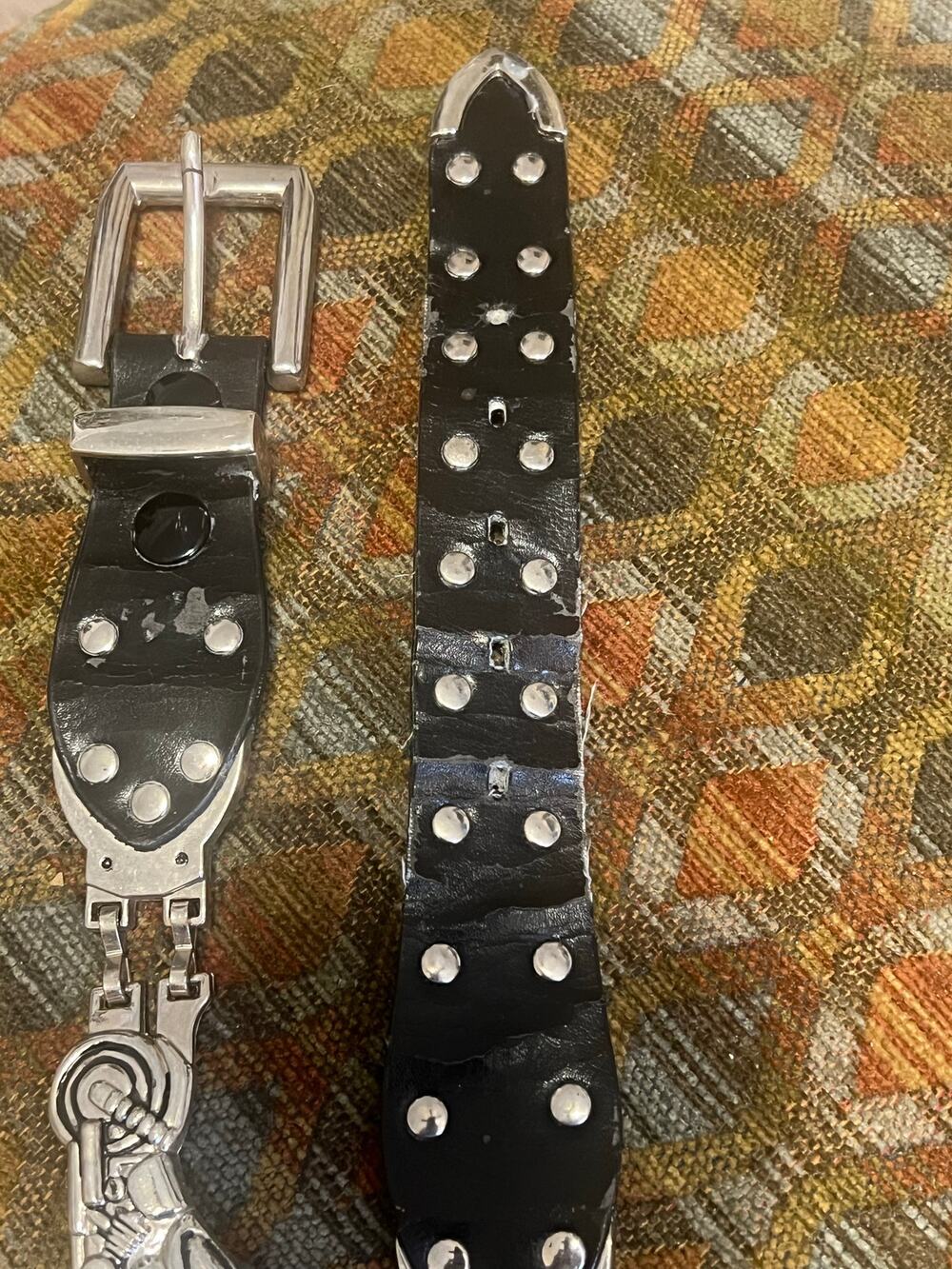 Motorcycle Link Belt Silver Tone Biker Black Faux Leather 41" Overall Length